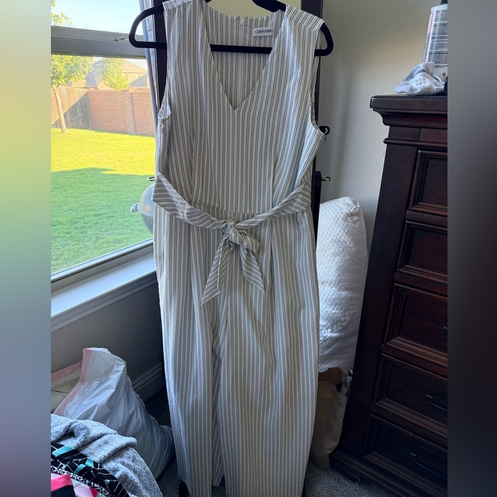 Calvin Klein White and Gray Striped jumpsuit